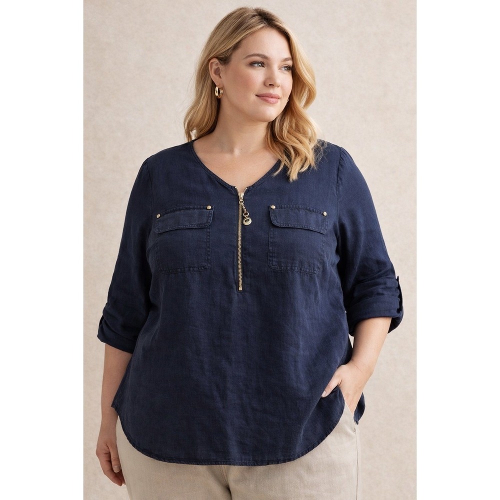 Ellen Tracy Linen Blouse 1X Navy‎ Blue Zip Front Pockets Lightweight